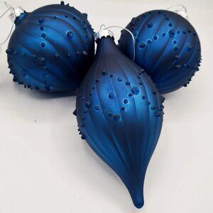 ndigo Blue Ball Finial Onion Textured Glass Ornament 4" Set 3 Christmas